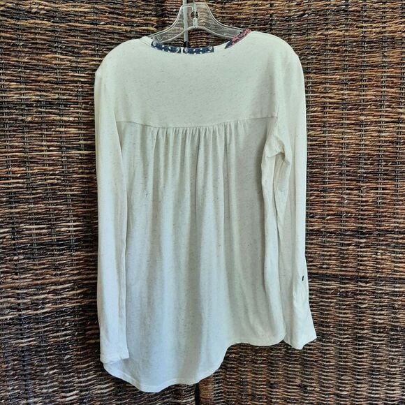 Lucky Brand Linen Blend Button Up Long Sleeve Top Women's XS Cream  Boho Print - Picture 2 of 10